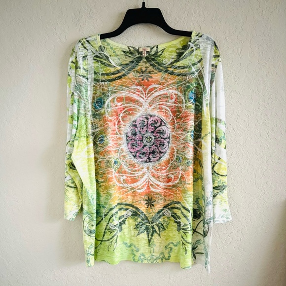 Reba Woman Plus Green Orange Boho Tie Dye Embellished Jeweled Tee Size 3X - Picture 1 of 8